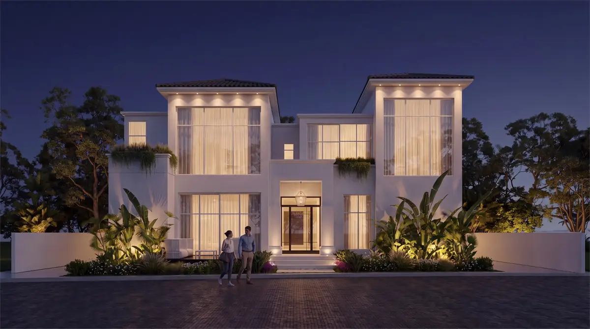 Mr. M.G.'s Palm Hills Villa – Entrance front at dusk with lit pavilions, planted terraces and paved forecourt