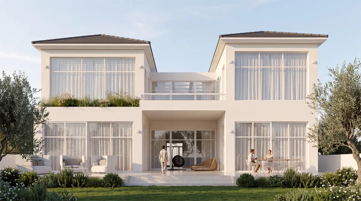 Mr. M.G.'s Palm Hills Villa – Garden front by day with lawn, terrace seating and olive trees