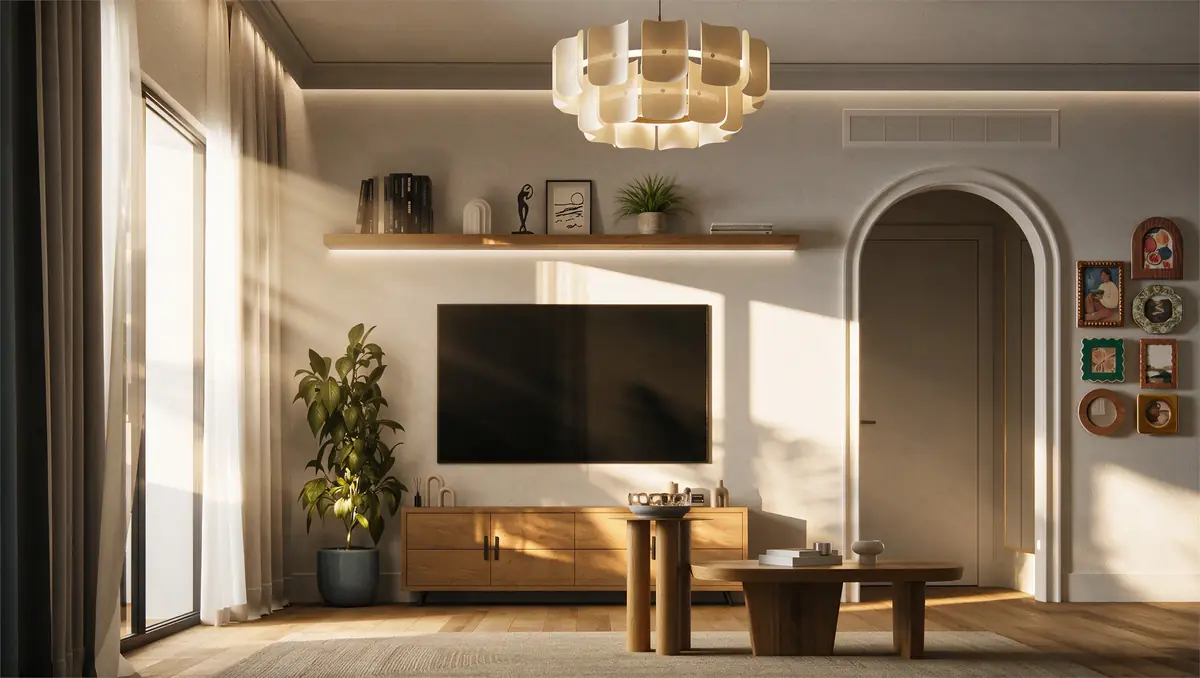 Mrs. A.'s Apartment – SODIC – TV wall with floating oak shelf and arched doorway in low golden sunlight