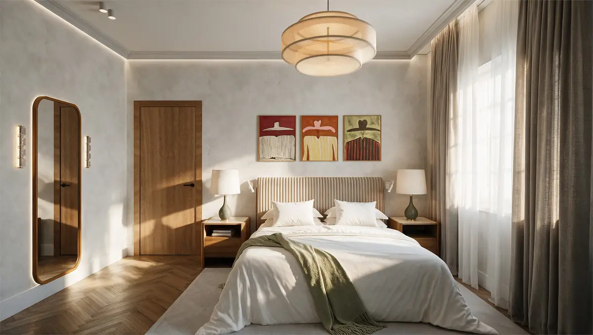 Mrs. A.'s Apartment – SODIC – Bedroom by day with ribbed headboard, three bold prints and sheer curtains