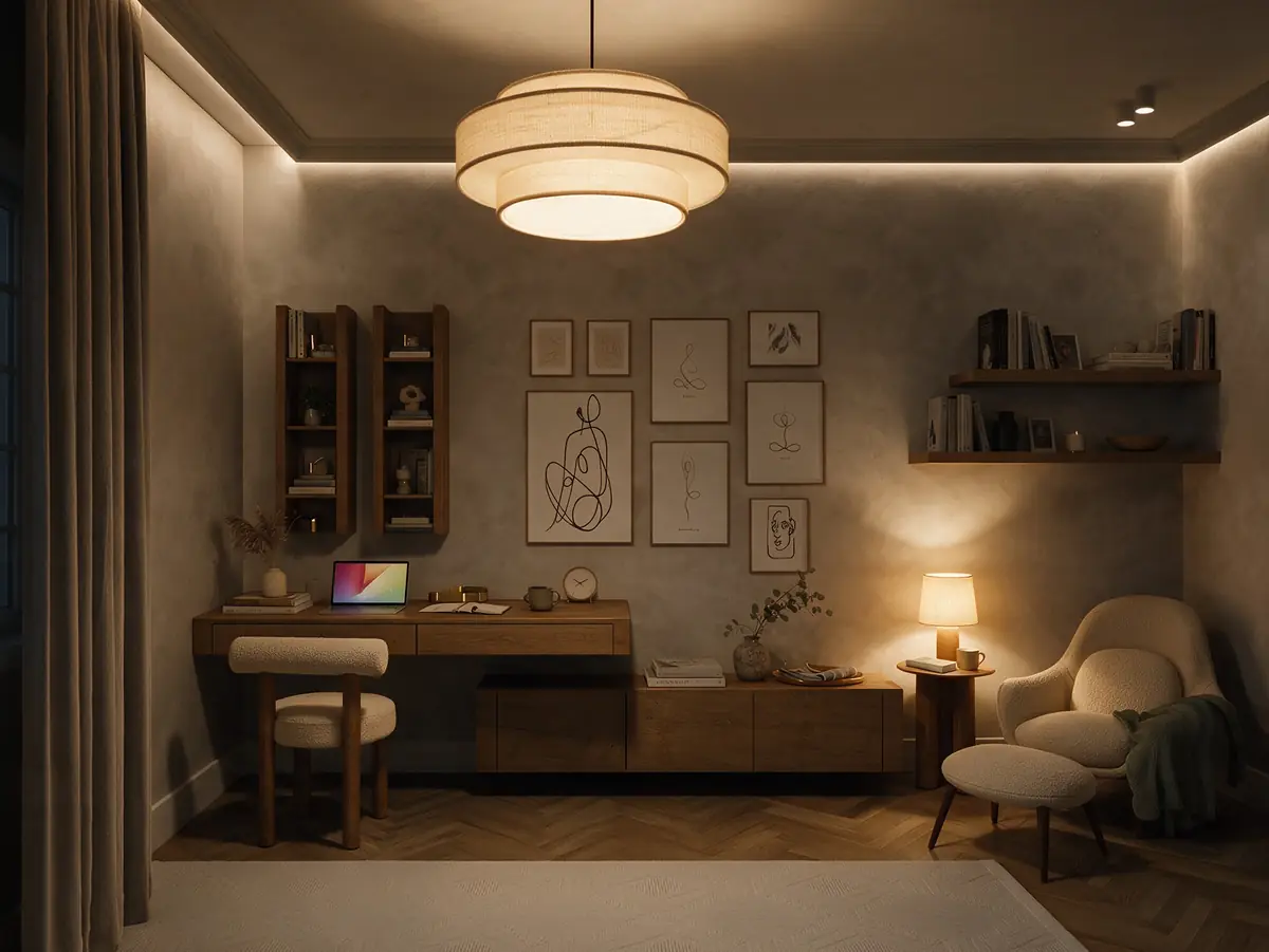 Mrs. A.'s Apartment – SODIC – Study corner in evening lamplight with oak desk, line-art prints and armchair