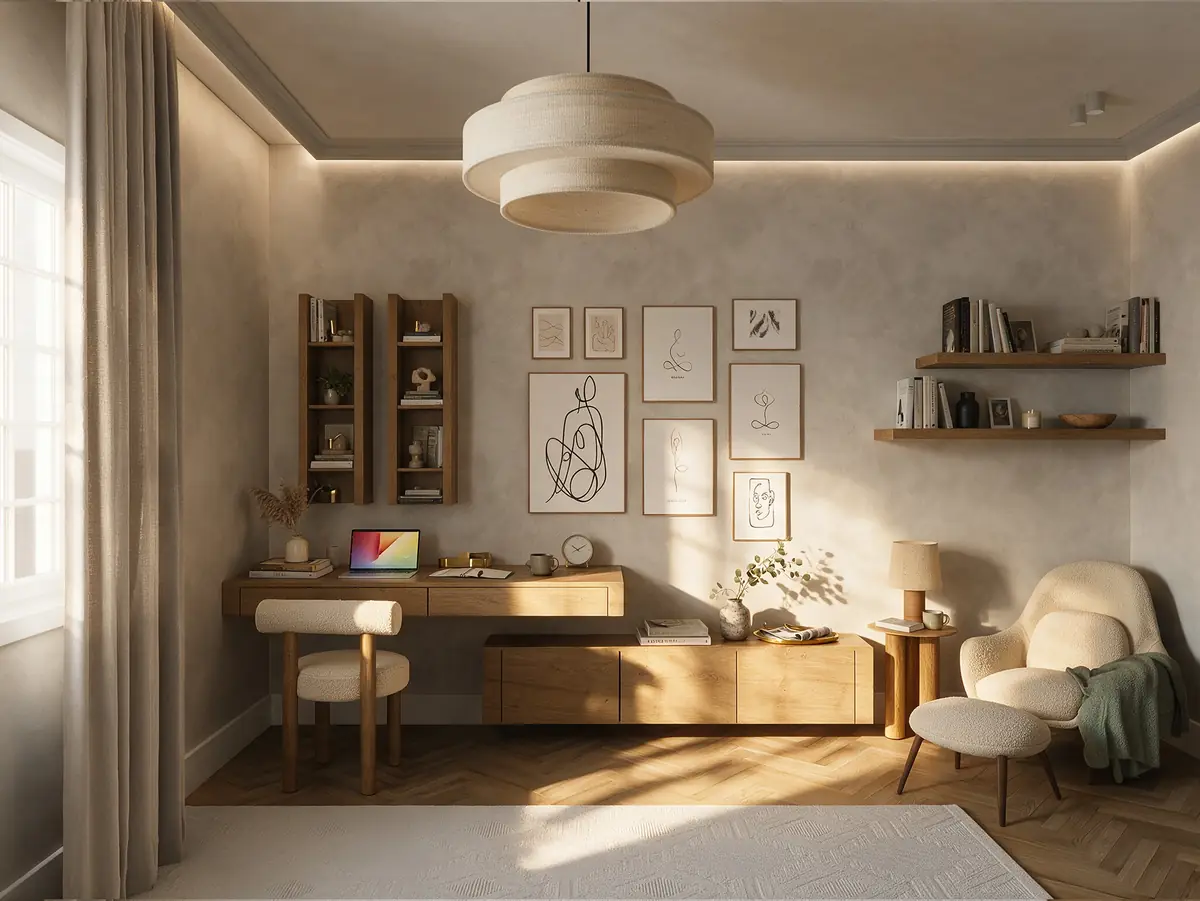 Mrs. A.'s Apartment – SODIC – Sunlit study corner with oak desk, wall shelves and a bouclé reading chair