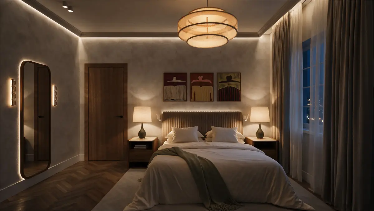 Mrs. A.'s Apartment – SODIC – Bedroom at night with glowing bedside lamps and a backlit arched mirror