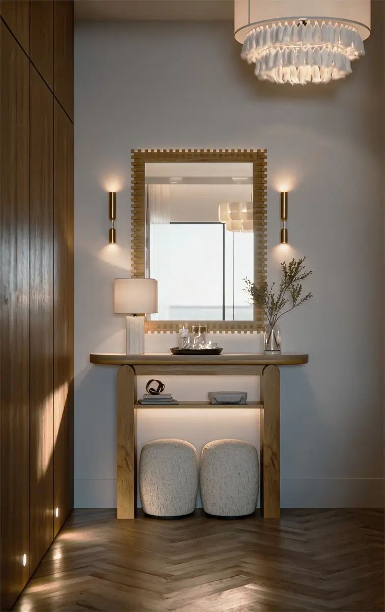 Mrs. A.'s Apartment – SODIC – Entrance console with scalloped mirror and glowing brass wall lights in the evening