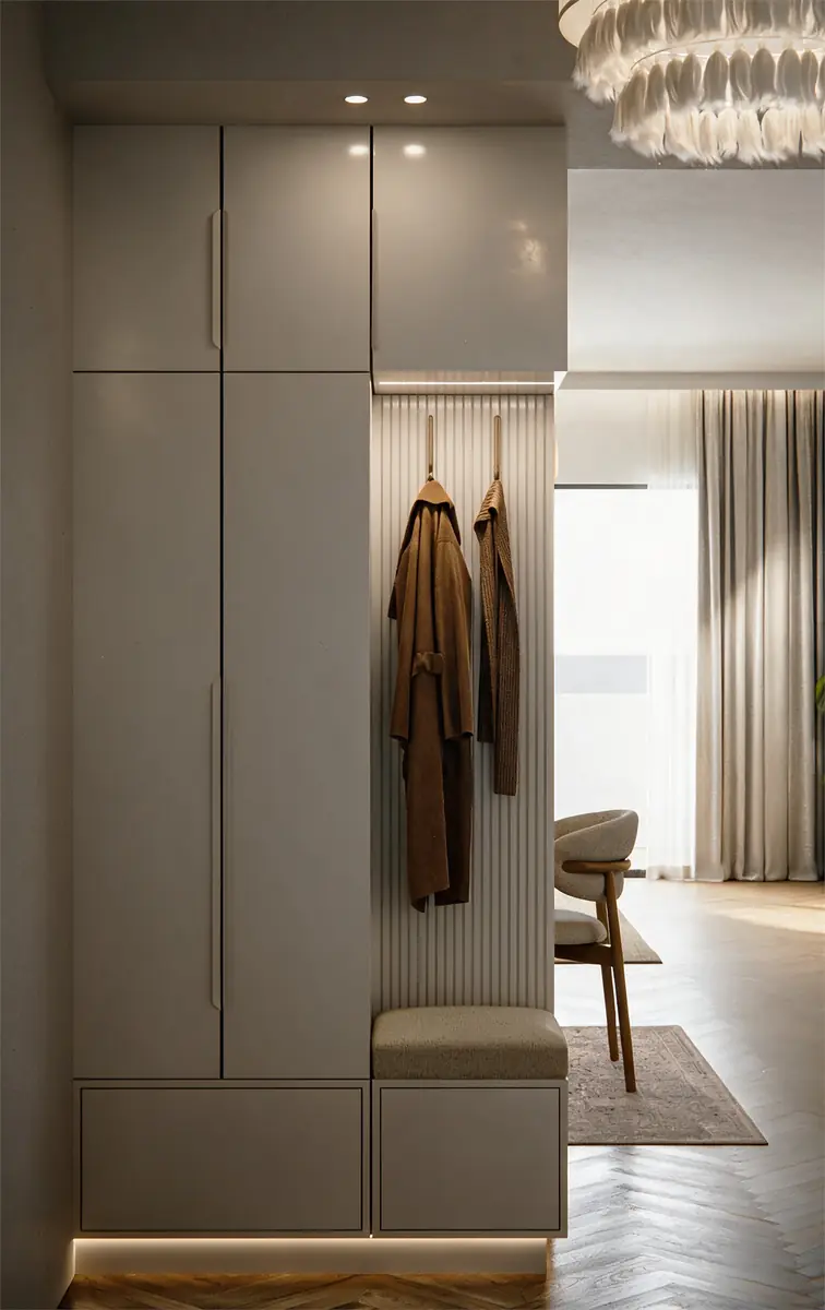 Mrs. A.'s Apartment – SODIC – Soft-grey entrance joinery with coat hooks on a ribbed panel and upholstered bench