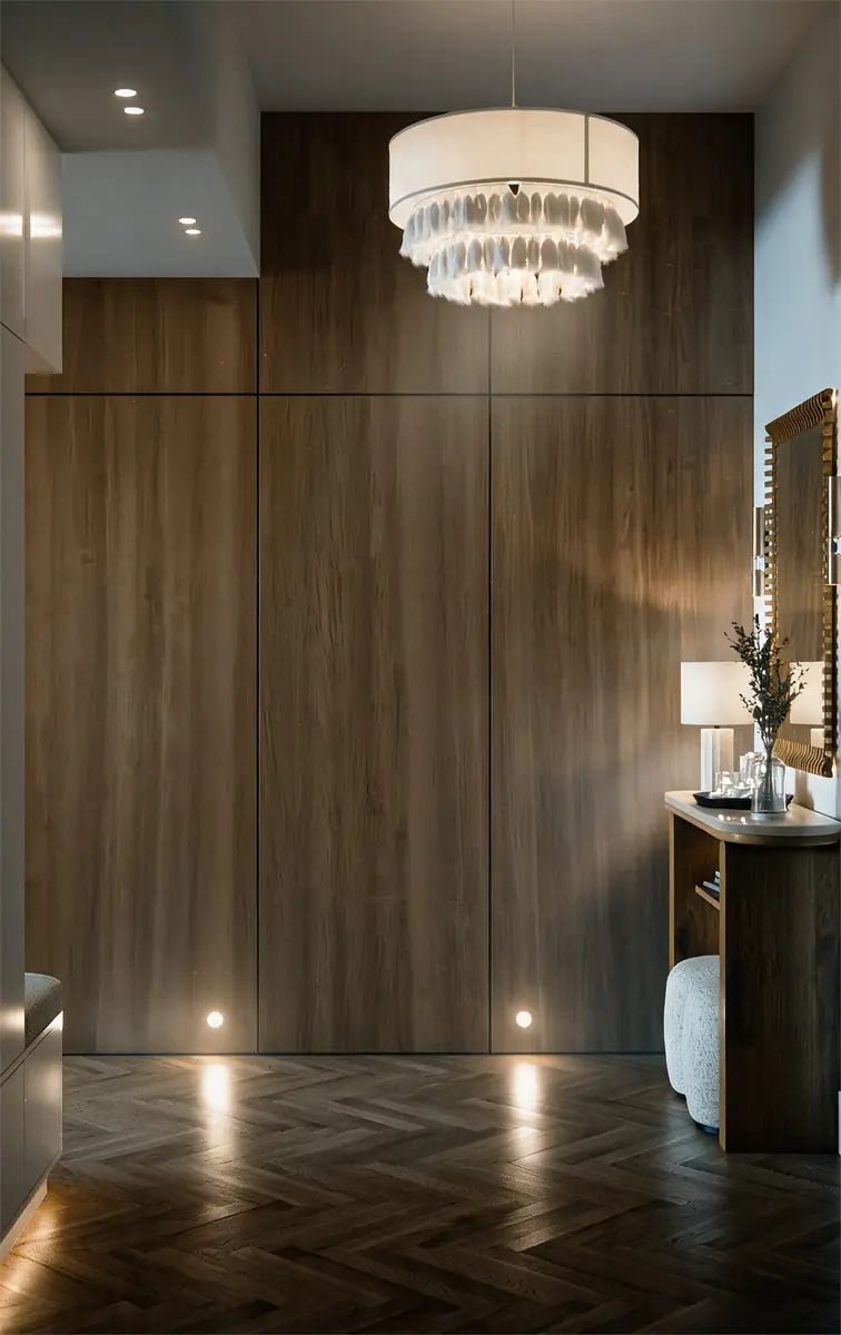 Mrs. A.'s Apartment – SODIC – Tall wood-panelled entrance wall under a fringed pendant in dim evening light