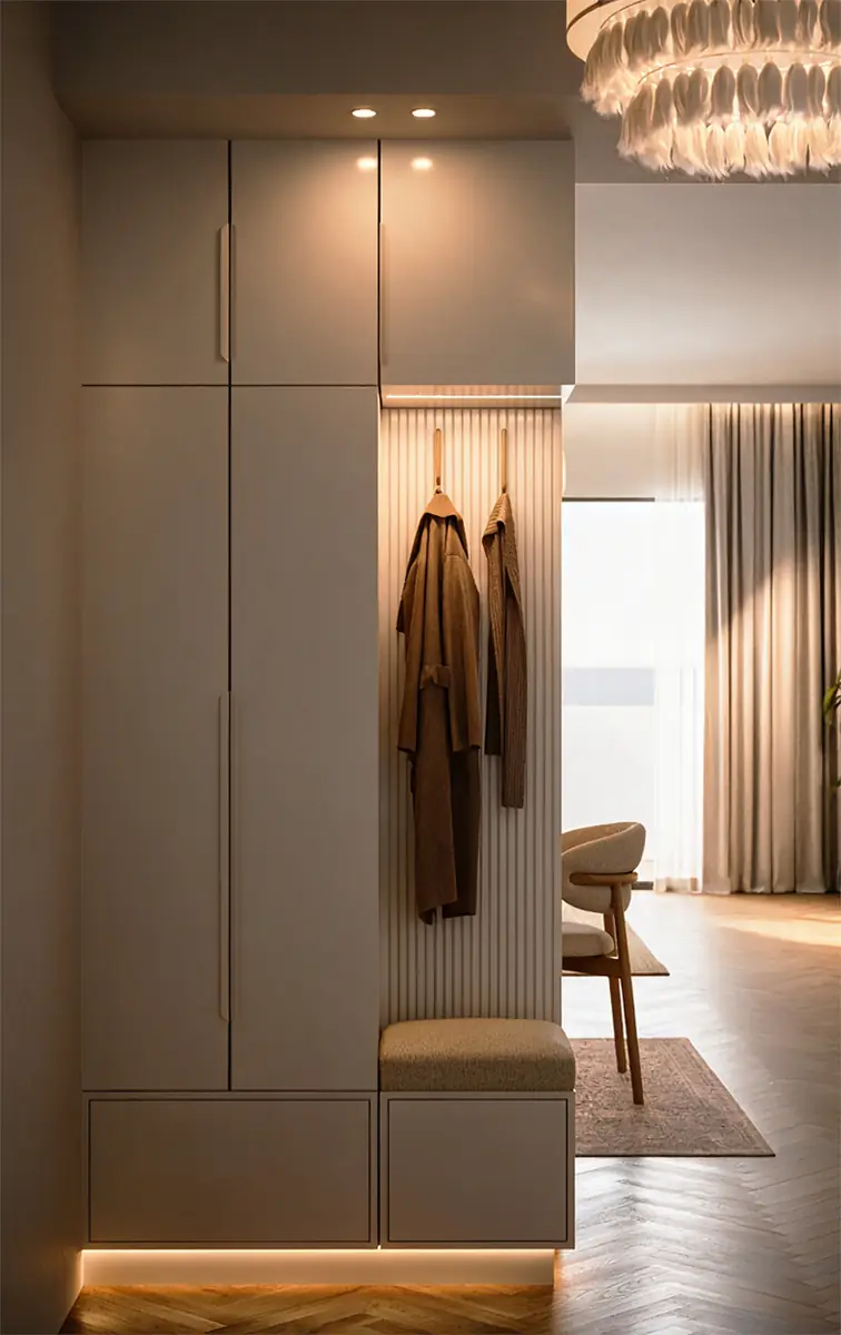 Mrs. A.'s Apartment – SODIC – Entrance wardrobe and coat nook with bench in warm evening light