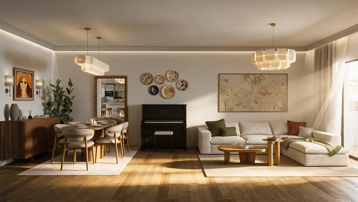Mrs. A.'s Apartment – SODIC – Open living and dining room with piano and ceramic plates in golden afternoon sun