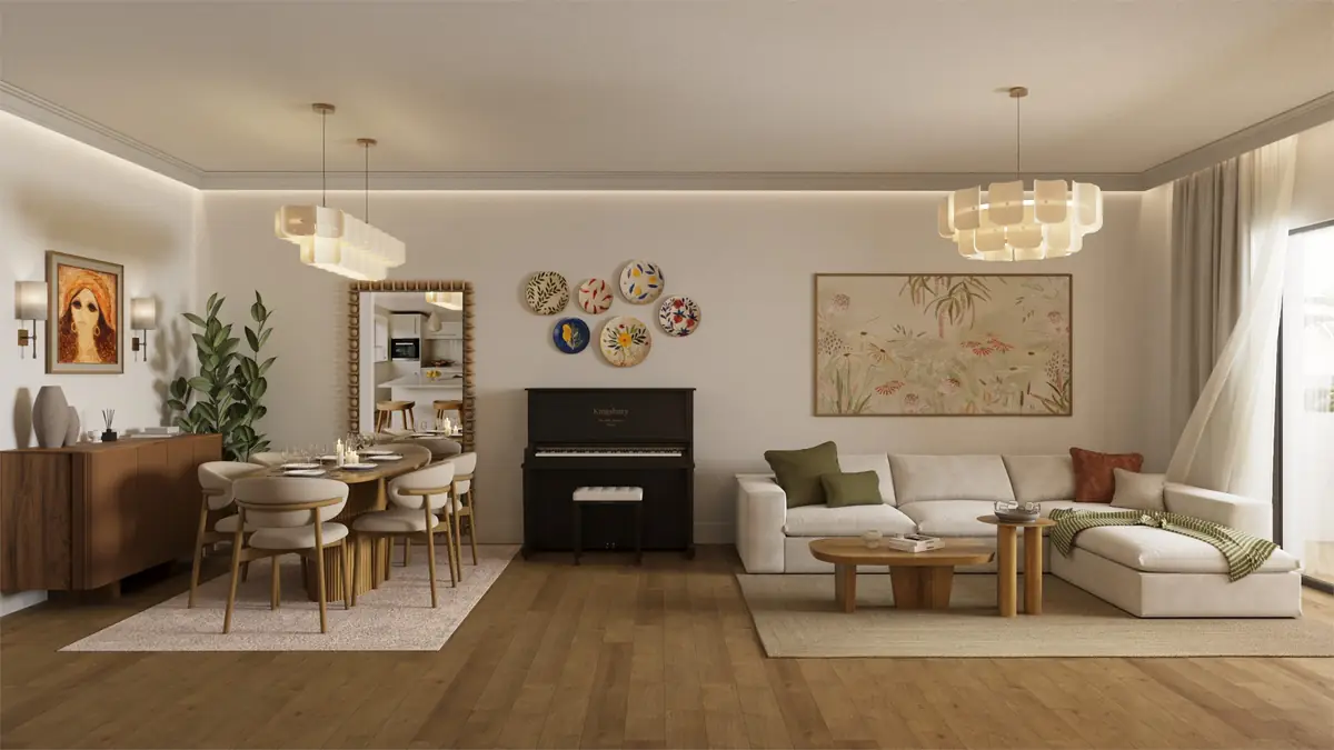 Mrs. A.'s Apartment – SODIC – Open reception with dining table, upright piano and corner sofa in soft daylight