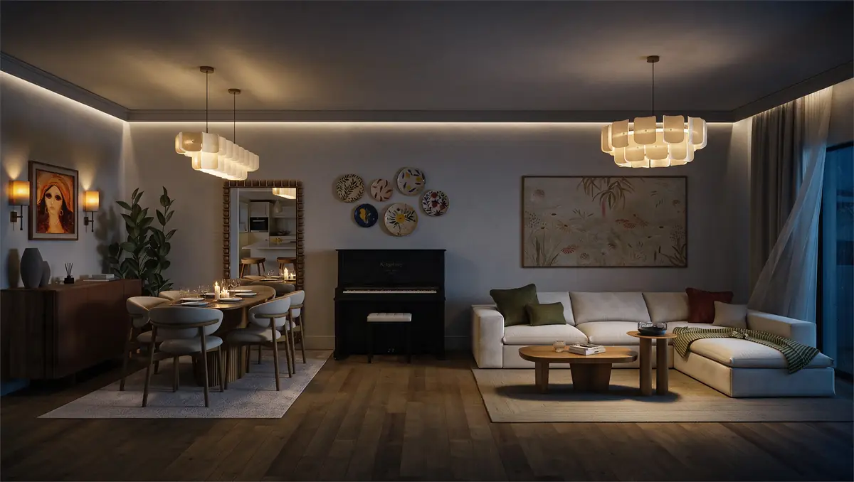 Mrs. A.'s Apartment – SODIC – Living and dining reception at night under glowing tiered pendants