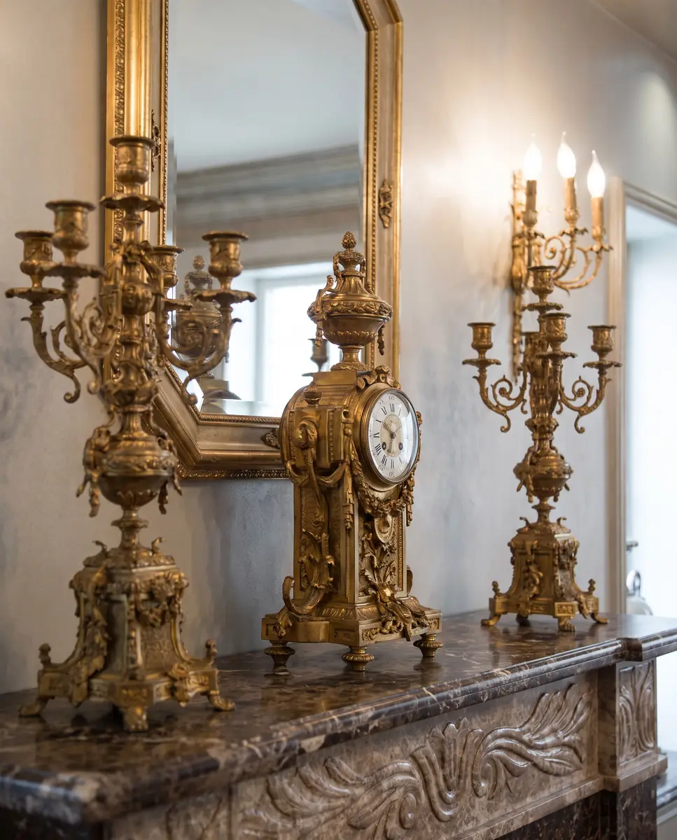 Mrs. M.A.'s Villa – Gilded candelabra and mantel clock on a carved marble mantelpiece