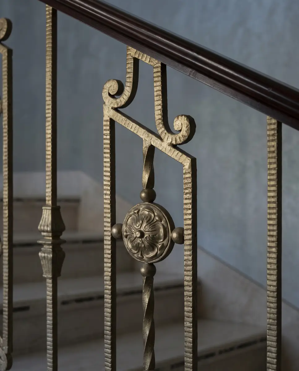 Mrs. M.A.'s Villa – Wrought-iron stair baluster with bronze rosette below a timber handrail