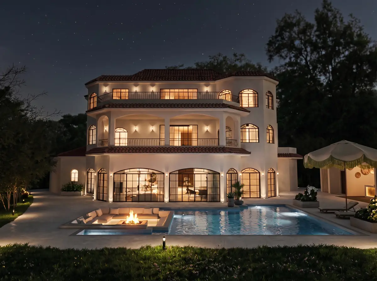 Mrs. S.T.'s Villa – V.24 – Night view of the rear façade with lit arched windows, pool and fire lounge