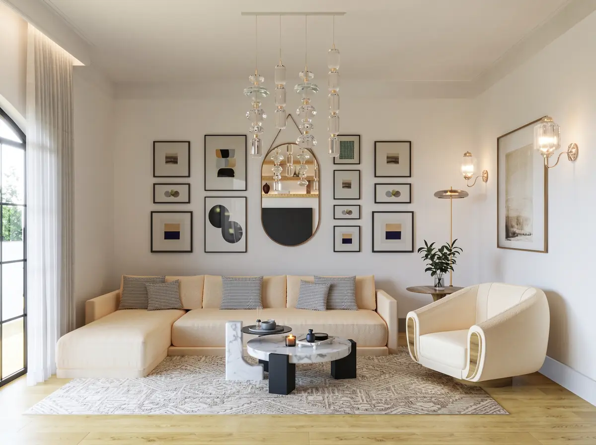 Mrs. S.T.'s Villa – V.24 – Sitting room with a gallery wall of framed prints and cream sectional sofa