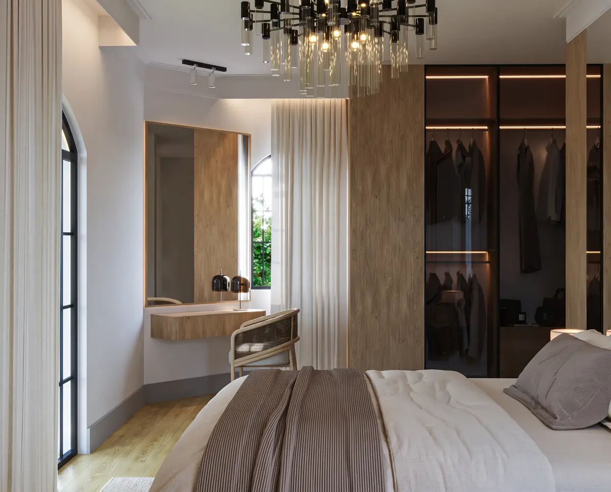 Mrs. S.T.'s Villa – V.24 – Bedroom with dressing table, chandelier and lit walk-in wardrobe behind glass