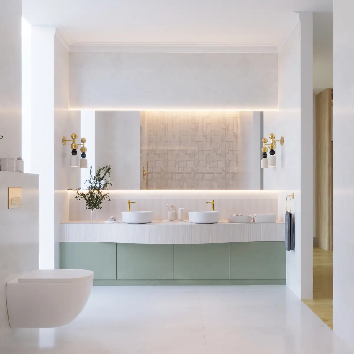 Mrs. S.T.'s Villa – V.24 – Bathroom with sage-green vanity, twin basins and a backlit tiled niche