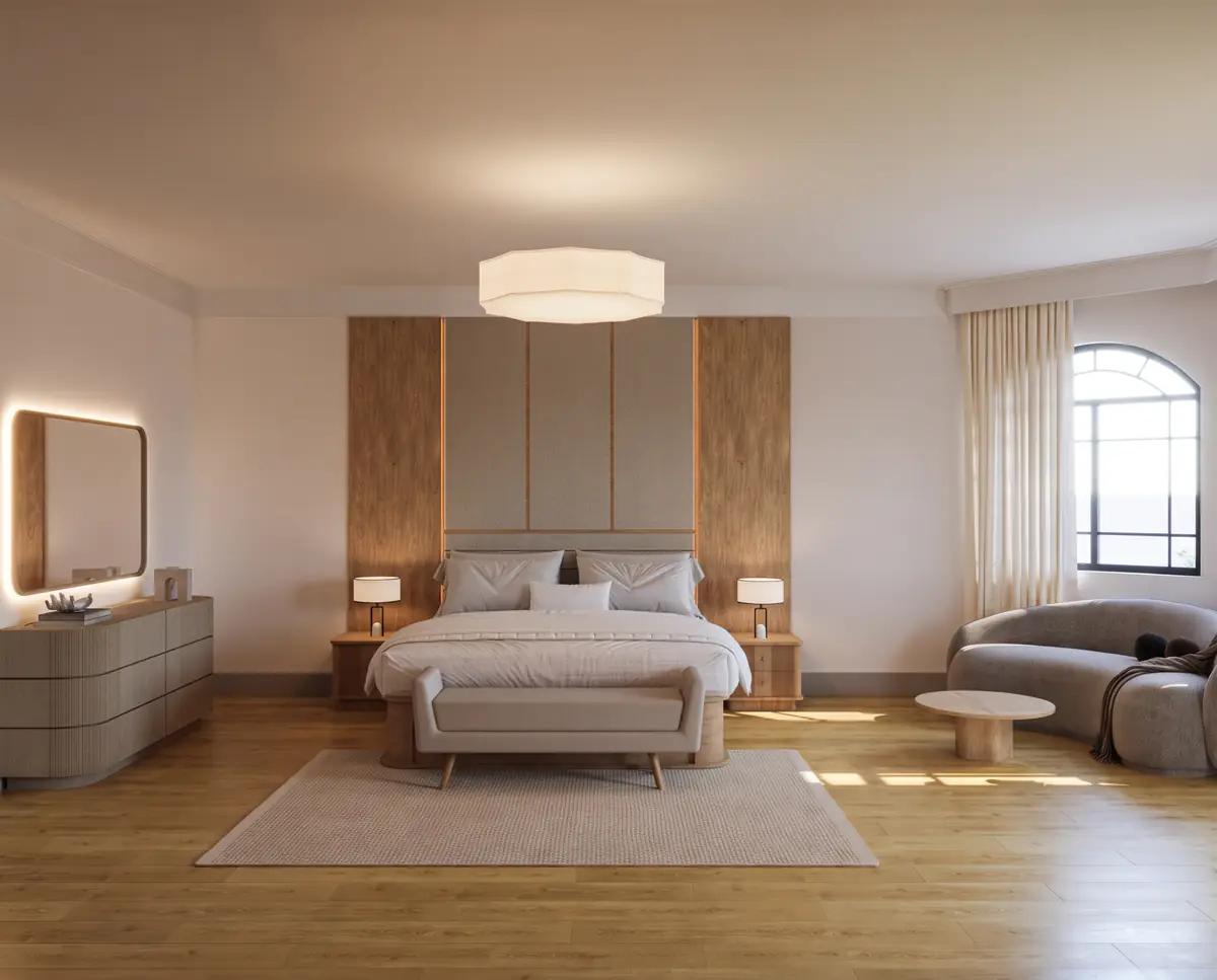Mrs. S.T.'s Villa – V.24 – Main bedroom with timber-panelled headboard wall, drum ceiling light and arched window