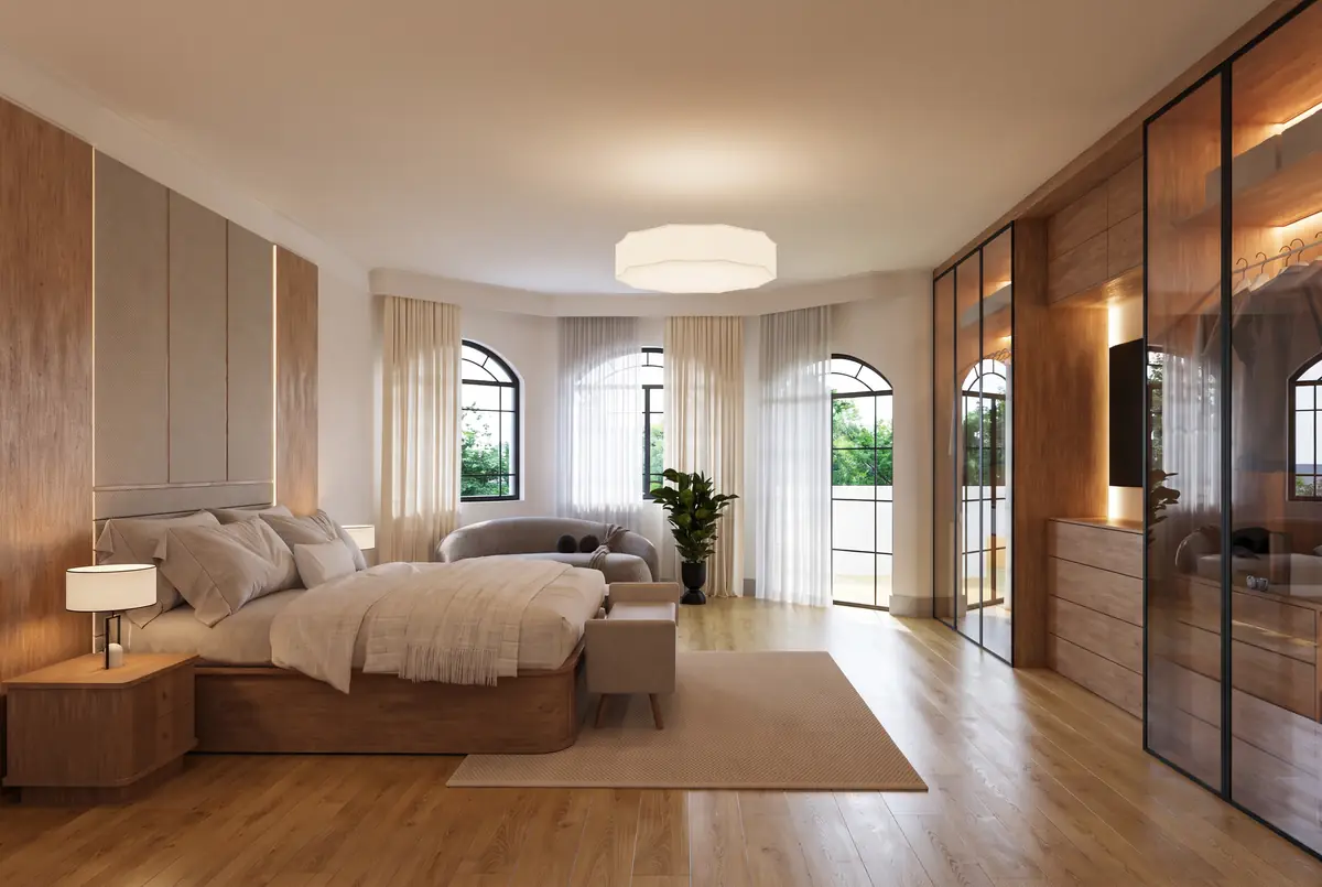 Mrs. S.T.'s Villa – V.24 – Spacious bedroom with timber wall panels, glass wardrobe and a bay of arched windows