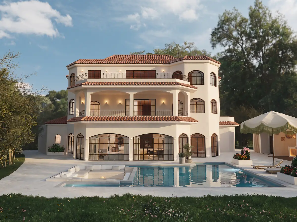 Mrs. S.T.'s Villa – V.24 – Daytime view of the three-storey façade with terracotta roofs above the pool