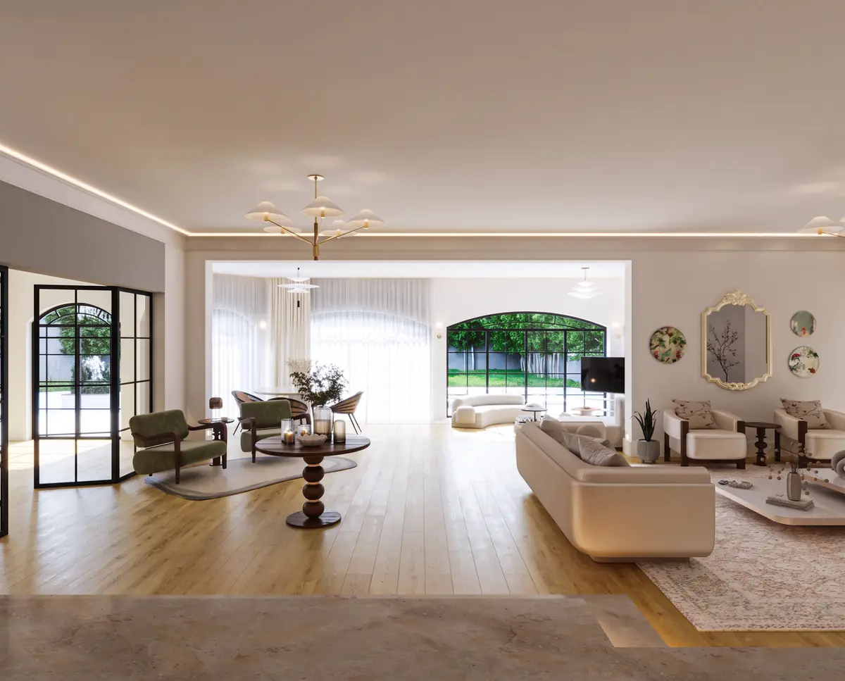Mrs. S.T.'s Villa – V.24 – Open-plan reception with sitting and dining areas and an arched garden window