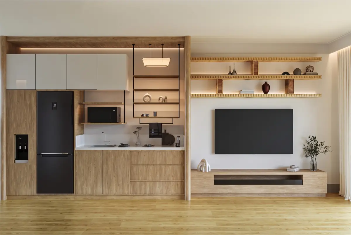Mrs. S.T.'s Villa – V.24 – Kitchenette and TV wall in light oak with open shelving and black fridge
