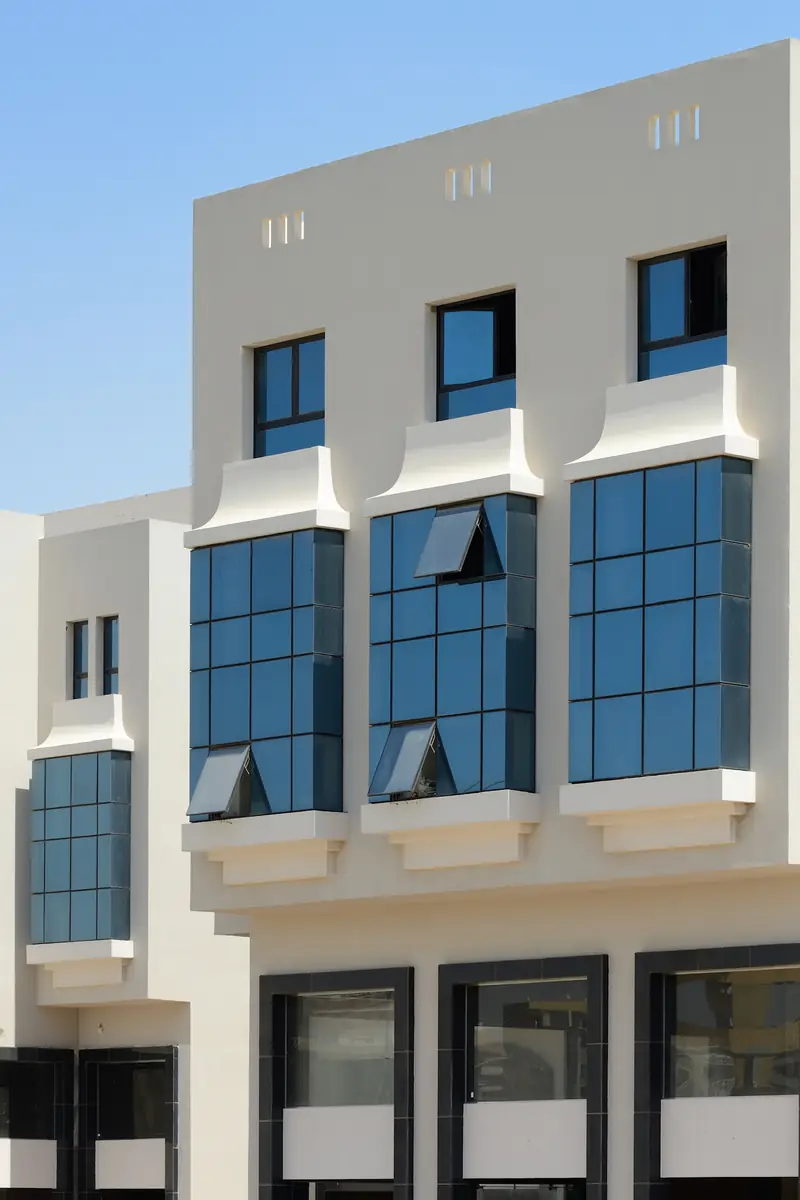 Prima Vista – Medical Office & Commercial Mall – Cream façade with three tinted glass bays above dark-framed shopfronts
