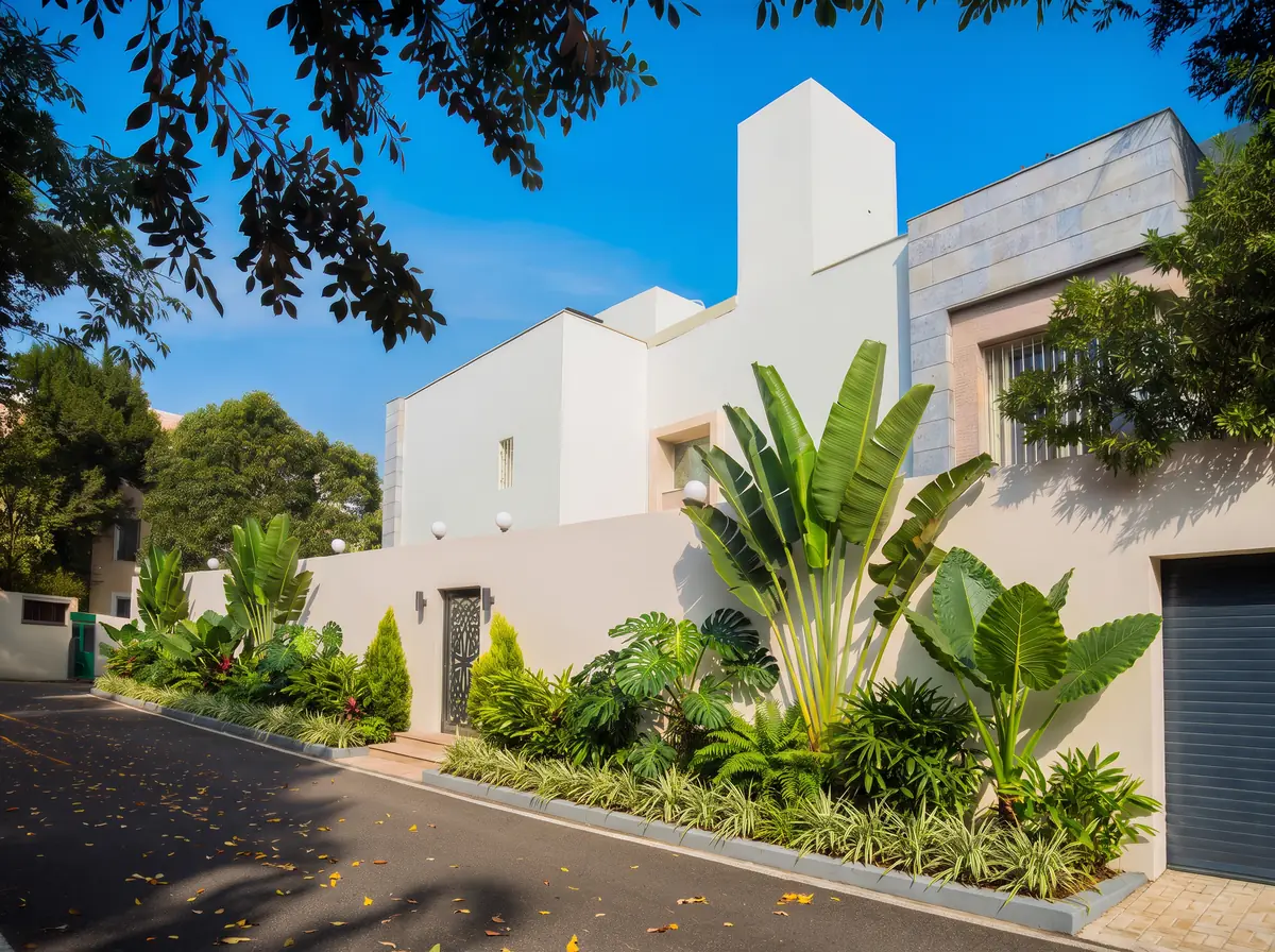 Prof. Dr. H.F.'s Villa – Street view of white walls with grey stone cladding and lush tropical planting