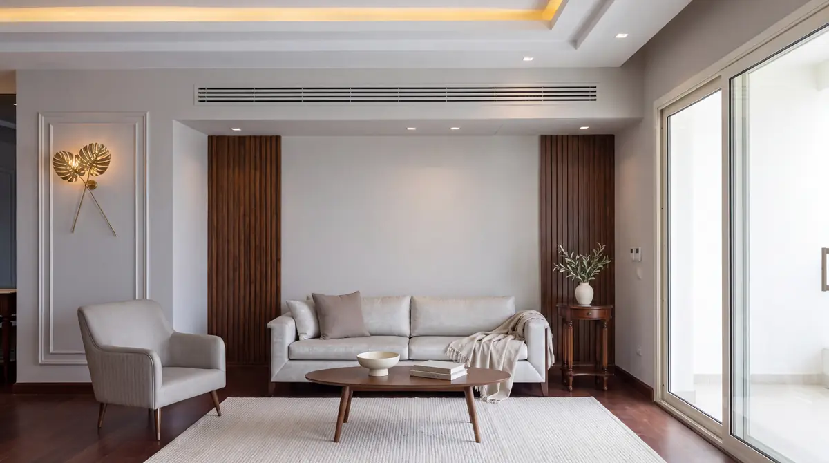 Prof. Dr. M.H. & Prof. Dr. Y.K.'s Villa – Living room with walnut slat panels, light sofa and full-height sliding doors