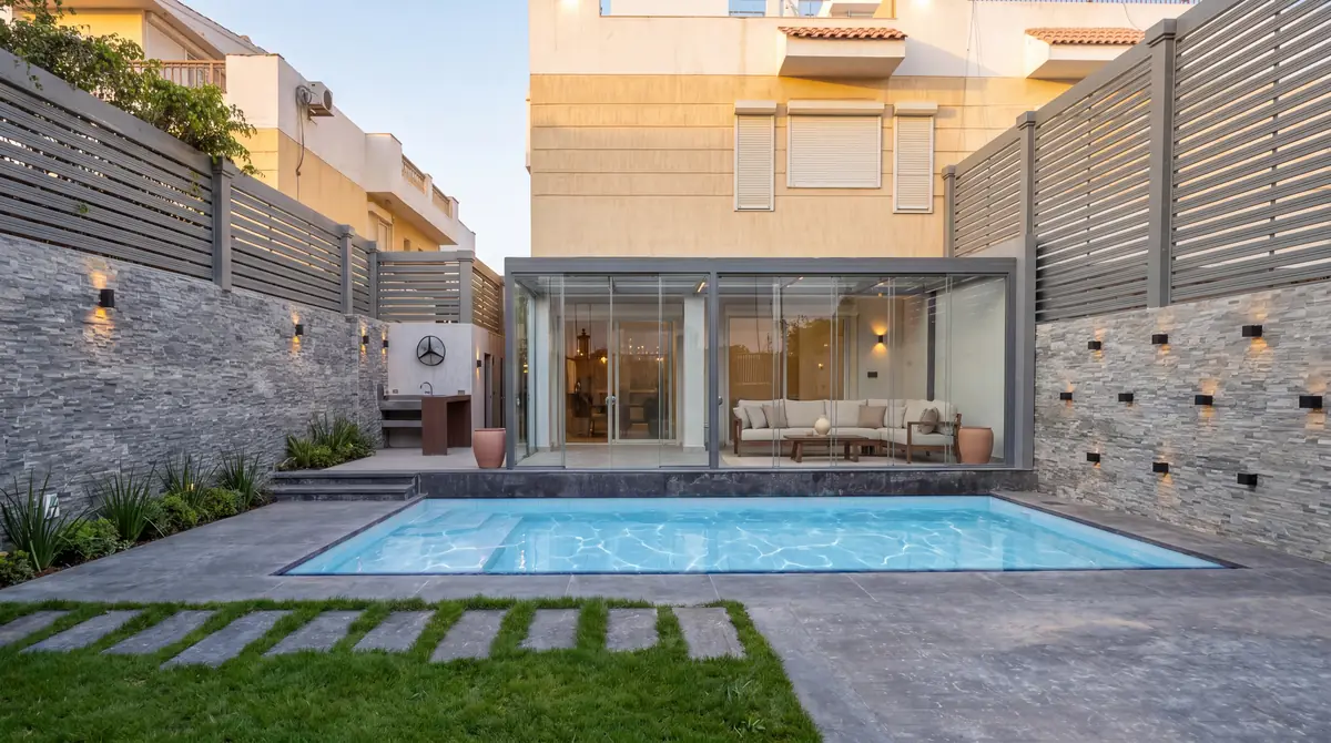 Prof. Dr. M.H. & Prof. Dr. Y.K.'s Villa – Garden pool facing a glass-walled garden room between stone-clad walls