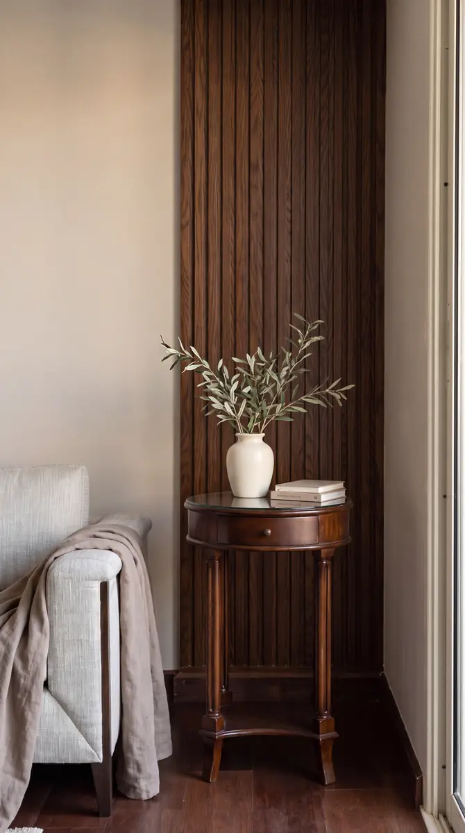 Prof. Dr. M.H. & Prof. Dr. Y.K.'s Villa – Walnut slat panel with a round side table, vase and armchair