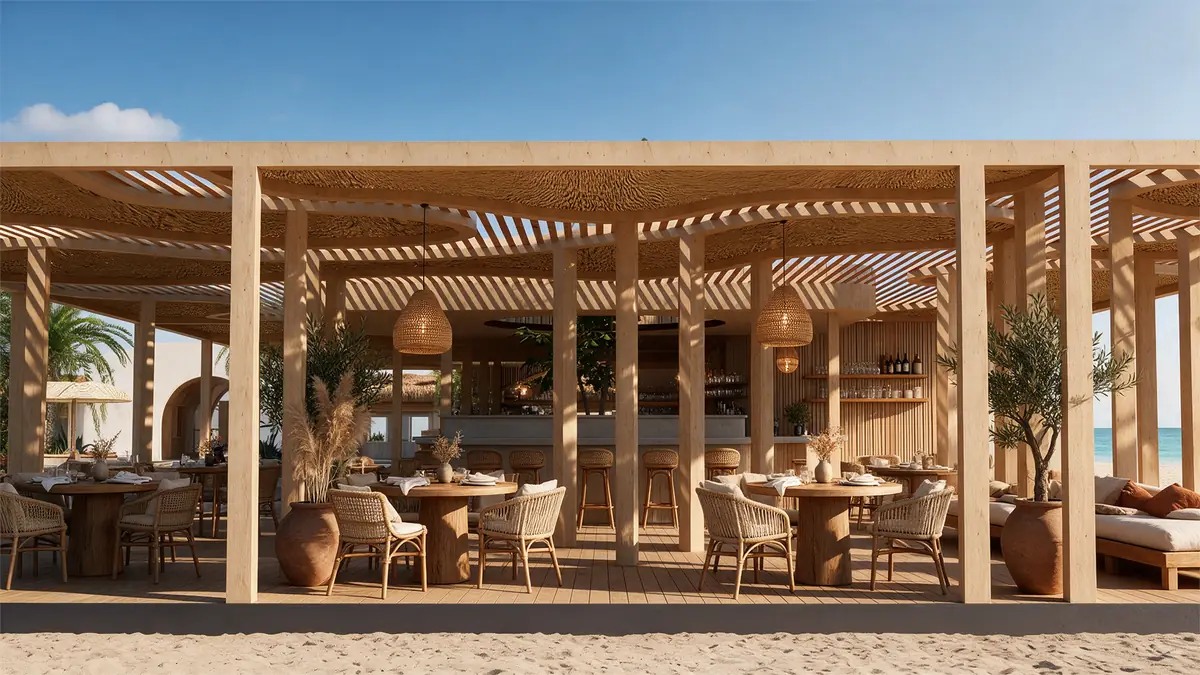 The Spot – Kite Center – Restaurant unter Holzpergola mit Rattanstühlen und geflochtenen Pendelleuchten auf Sand
